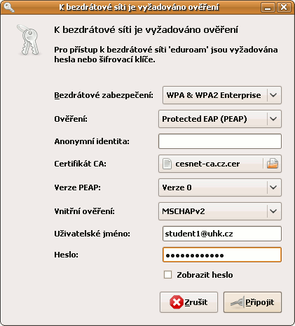 Konfigurace připojení Eduroam